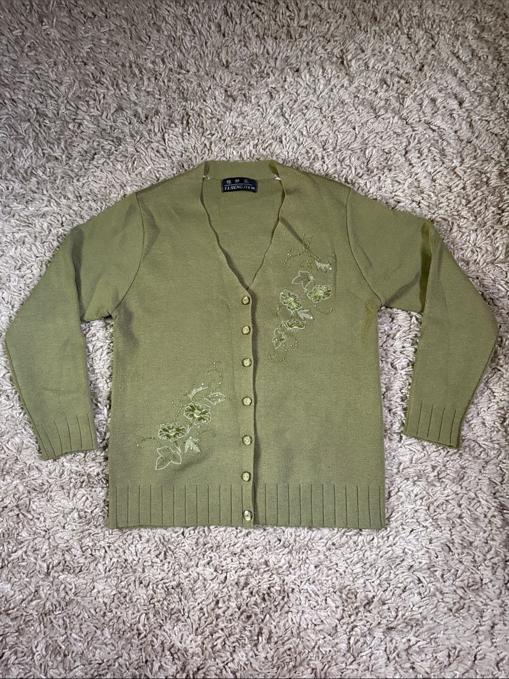 Vintage Sage Green Floral Embroidered Cardigan | Grandmacore Cottagecore Knit